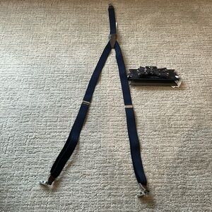 NWT ZaraMan Bow tie and suspenders set. Navy blue, brown, taupe and silver. med